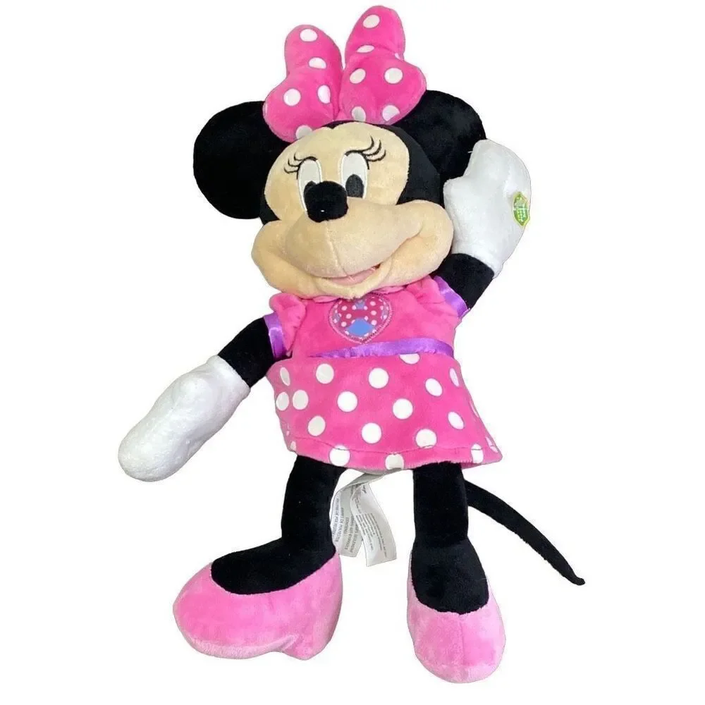 Disney Plush 14” Talking Singing Minnie Mouse Pink and White Polka Dots With Bow